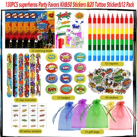 130 PCS Hero Party Favors Kit - Includes Bulk Coloring Book Badge Slap Bracelets Tattoo Sticker Crayons Gift Bag Stickers for Fillers School Classroom Gift Rewards Activity