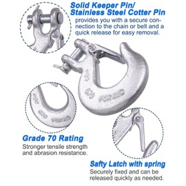 WENHUALI 1/4 Inch Safety Chain Hooks, Clevis Slip Hook with Safety Latch, Grade 70 Forged Steel 12,600 Lb for Trailer Truck Transport Tow Winch Hook Trailer (1/4 Inch,4 Pack)