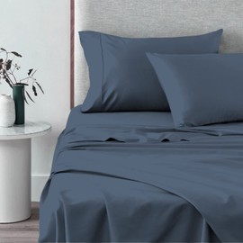 Pizuna Pure 100% Cotton Sheets Full Size, 600 Thread Count Long Staple Cotton Crisp Sateen Sheets Full with 15" Deep Pocket (Combed Dark Blue Cotton Sheets Full)