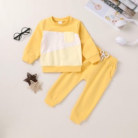 Eaerobc Toddler Girl Color Block Fall Winter Outfit Set Long Sleeve Stretchy Sweatshirt Tops Pants Kids 2Pcs Clothes(Yellow,4-5T)