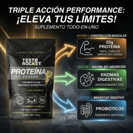 Proteina Testo Rocket Performance Vainilla Triple Acción | Rendimiento, Máxima Absorción, Sin Pesadez | 7 Fuentes Vegetales + Probioticos + Enzimas | 