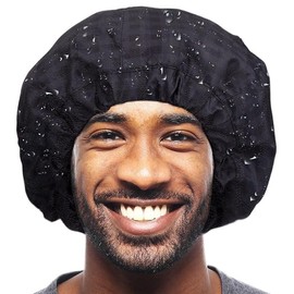 Shower Cap for Men Black Bath Cap, Reversible Large Waterproof Adjustable Shower Caps Terry Lining &amp; Elastic Band Stretch Hem Hair Hat - Color: BLACK PLAID