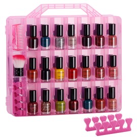 DreamGenius Nail Polish Organizer Case for 48 Bottles, Double Side Nail Polish Holder with Adjustable Dividers, Portable Nail Polish Storage Organizer with 2 Nail Separators, Pink