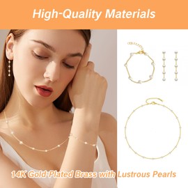 UAIAGM Pearl Set Jewelry for Women 14K Gold Elegant Plated Pearl Choker Necklace Drop Earrings Bracelet Simple for Wedding Bridal Festive Daily Jewelry Exquisite Sets