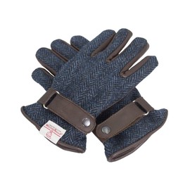 Walker & Hawkes - Men's Gloves - Scottish Harris Tweed & Leather - Overcheck Tartan Pattern, Midnight blue