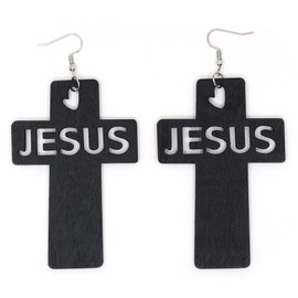 Teri's Boutique Big Cross Jesus Engraved Carved Wooden Women Fashion Dangle Drop Jewelry Earrings (Black)