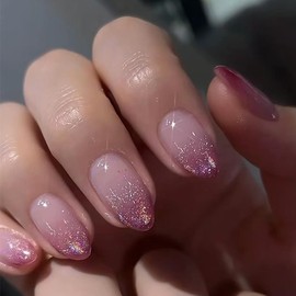 Almond Press On Nails Short, Almond Fake Nails Long Lasting, Glossy Stick On Nails in 12 Sizes - 24 Nail Kit, False Nail Full Cover Nails Press Ons for Women (Purple Glitter, 24 Pcs)