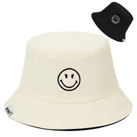 Durio Foldable Fishing Hat Cotton Bucket Hat Sun Hat for Men and Women SmileyWorld Fishing Hat Summer Hat Travel, Black Beige, Unit size