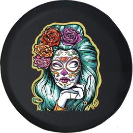 Funny Spare Tire Wheel Cover for Camper SUV Trailer Truck RV JP Thick PVC Leather | Sugar Skull Girl Roses Black 29 Inch