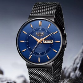 Lige Men's Watch Ultra-Thin Dial Male Business Date Week Man Daily Steel Wristwatches