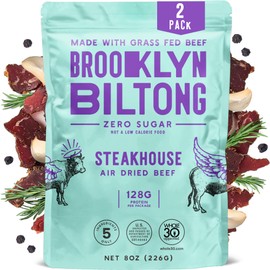Brooklyn Biltong Air Dried Grass Fed Beef Snack, South African Beef Jerky (8 oz, Pack of 2) - Whole30 Approved, Paleo, Keto, Gluten Free, Sugar Free, Made in USA - (Steakhouse)