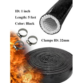 YAMAKATO 1" ID Heat Shielded Fire Thermo Armor Fire Sleeve Silicone Coated Fiberglass Heat Protection for Automotive Hose Lines & Electrical Wiring (Black, 5FT