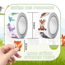 CONJURAIDE Pack of 1000 Children's Stickers, Animal Stickers, Dino Stickers, Roll, Forest Animals, Waterproof Stickers, Motivational Stickers, Animal Stickers, Primary School Teacher Supplies