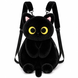 Black Cat Plush Backpack for Everyday Carry – Big-Eye Kawaii Stuffed Animal Bag for School, Travel & Casual Outings