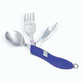 iChewie - Folding Camping Utensils Cutlery Set 4-in-1 Stainless Steel Spoon Fork Knife Bottle Opener Set Detachable Tableware Pocket Kits Backpacking Silverware Multi-Tool - Blue