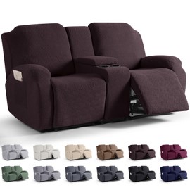 KinCam Loveseat Recliner Covers with Middle Console Slipcover, Recliner Sofa Covers 2 Seat Couch Cover Stripe Jacquard Furniture Protector Covers with Elastic Bottom for Kids, Pets (Dark Coffee)