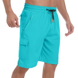 Mens Swim Trunks for Men - No Mesh Liner, 9" Inseam Stretch Board Shorts Men's Swimwear Bathing Suit with Zipper Pockets, Lightweight Quick Dry Beach Shorts for Men Swimming Trunks, Large Cyan
