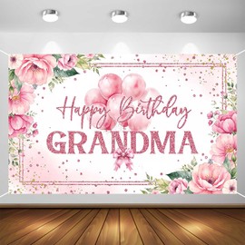 Aperturee Happy Birthday Grandma Banner 70.8x43.3in Pink Floral Balloons Backdrop Large Glitter Party Decorations for Grandma’s Birthday, Waterproof Polyester, Easy to Hang, Indoor Outdoor