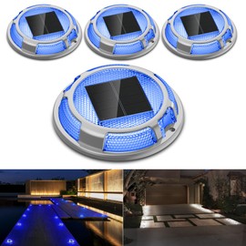 Solar Driveway Lights Dock Lights Waterproof 4 Pack, 2 Colors in 1, LED Solar Deck Lights for Outside, Solar Powered Ground Lights for Warning Driveway Stair Step Pathway(Blue & White)
