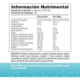 Triple colágeno (Marino, Porcino y Bovino) De Tipo 1, 2 Y 3  Ácido Hialurónico y Biotina  Con vitamina C, D3 Y E  200 Cápsulas  SV  Sin Gluten y Sin