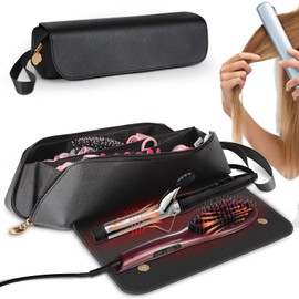SS Hair Tools Travel Bag and Heat Resistant Mat for Hot Tools, Leather Curling Iron Travel Case for Hair Tools, Portable Travel Essentials for Women, Black