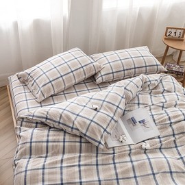 FACE TWO FACE Bedding Duvet Cover Set 3 Pieces 100% Washed Cotton Duvet Cover Linen Like Textured Breathable Durable Soft Comfy(King, Blue Grid)