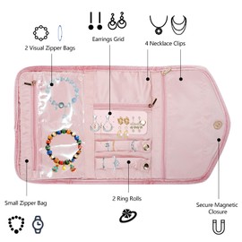 Lancry Travel Jewellery Organiser,Foldable Velvet Jewellery Pouch Bag Jewelry Storage Roll for Journey-Rings, Necklaces, Bracelets, Earrings for Women Girls (Pink)