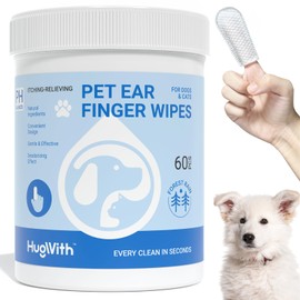 HUGWITH Pet Ear Cleaning Finger Wipes for Dogs & Cats - Soothes Itching, Removes Wax & Debris, Reduces Inflammation, Naturally Sourced- Hypoallergenic with Fresh Rainforest Scent - 60 Count