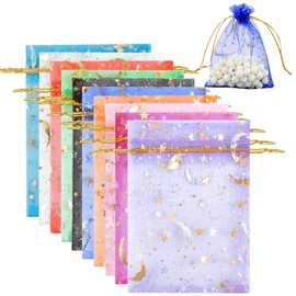 Jinlaili 100 Pcs Organza Gift Bags,Mixed Color Sheer Drawstring Organza Jewelry Pouches with Moon Star Pattern for Wedding Favor Party Festival Gift Bags Candy Bags 12x9 cm