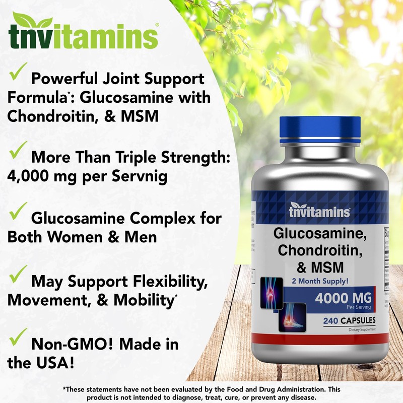 tnvitamins Glucosamine Chondroitin MSM Capsules, 240 Count | 4,000 mg