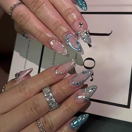 3D Press On Almond Long Blue False Nails with Rhinestone, Glitter, Gemstone Design - Artificial Acrylic Glue On Press Ons Long Diamond Stick On Nails for Women