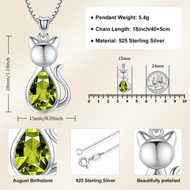 Odinstone Cat Birthstone Necklaces Jewelry Sterling Silver Cat Pendant Necklace Gift for Women Gifts, 18'' Silver Box Chain Women's Green Peridot Crystal Cat Jewelry Gifts