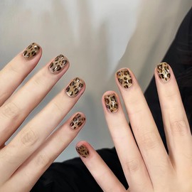 Press on Nails Short Leopard Print Cat Eye False Nails Glossy Bling Fake Nail Tips Artificial Manicure for Women and Girls – 30pcs with Glue Kit (Leopard Print Cat Eye)