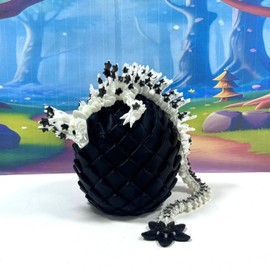 3D Printed Dragon, White and Black Cherry Blossom Dragon in Dragon Egg, 12" Articulated Adult Fidget ADHD Autism Toy, Home Office Decor Executive Desk Toy - D079-BE