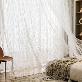 Sutuo Home - Cortinas de encaje blanco de 45 pulgadas de largo, juego de 2 paneles, diseño de flores tradicionales traslúcidas de gasa clásico para recámara, sala de estar/cocina, bolsillo decorativo para barra de 57 x 45 pulgadas de ancho