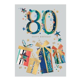 Words 'n' Wishes 80th Birthday Card for Him, Patterned & Foiled Large Number With Presents, Multicoloured, 22 x 15.8 cms