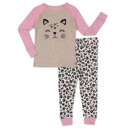 Wonder Nation 12m Toddler Girls' Snuggle Cotton Sleep Set 2 Piece Pajamas Pink Cat NEW