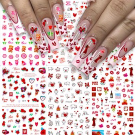 6 Sheets Valentines Nail Stickers, 3D Self-Adhesive Heart Nail Stickers, Love Rose Red Lips Valentines Nail Decals Designs for Women Nail Stickers for Nail Art