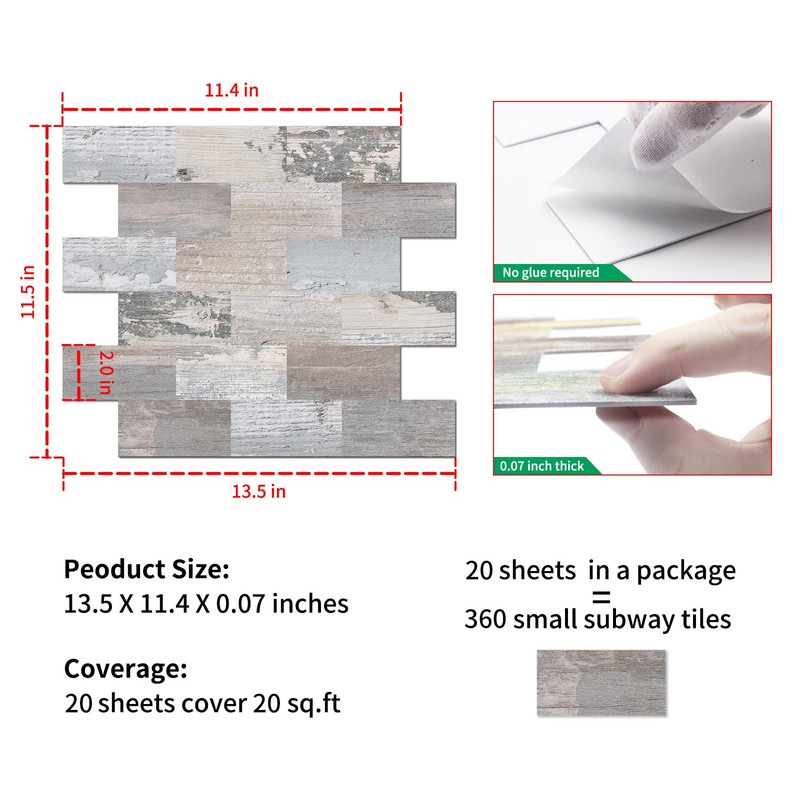 DEWOO 20-Sheet Peel and Stick Rustic Backsplash Wall Tile Self