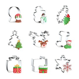 WDYJMALL Christmas Cookie Cutters 9 Piece Set Snow Globe Crystal Ball Snowman Holly Christmas Tree Reindeer Stocking Gift Box House Snowflake - C