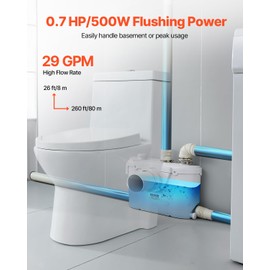 VEVOR 500W Macerator Pump, 29 GPM Flow, 26 ft/8 m Head, Macerator Sewerage Toilet Pump with 4 Water Inlets, Waste Water Disposal Upflush Machine for Toilet, Basement, Shower, Sink, Laundry, Bathtub