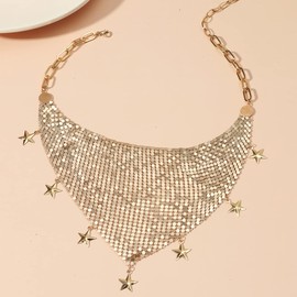 COLORFUL BLING Thick Metal Star Sequins Tassel Choker Necklace Chunky Fringe Pyramid Bib Stetement Necklace Sequins Collar for Women Costume Jewelry-Gold