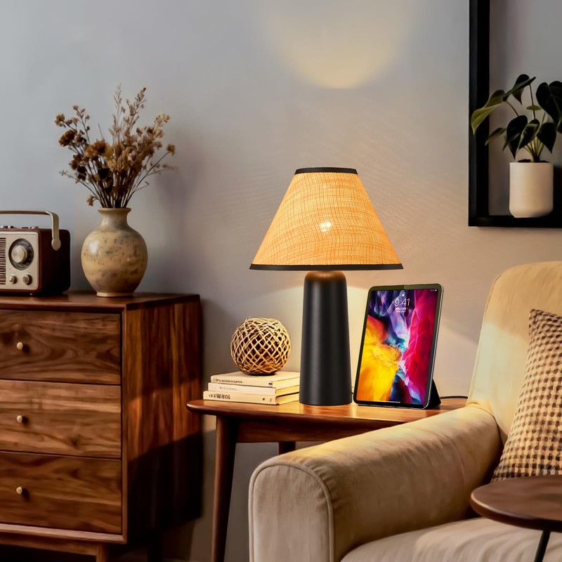 Matte Black Rattan Table Lamp for Bedroom, Modern Wicker Lamps