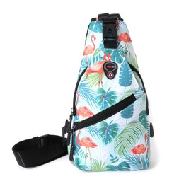 WESTEND Novelty Crossbody Sling Bag Backpack with Adjustable Strap for Men and Women. Flamingo with Tropical Leaves