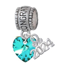 Delight Jewelry 10mm Teal Crystal Heart - Congratulations Charm Bead Dangle with Mini Year 2024