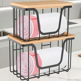 KONE Trash Bag Holder, 2 Pack Garbage Bag Dispenser, Storage Stackable Kitchen Organizer with Bamboo Top, Wall Mount Laundry Pantry Organization Black