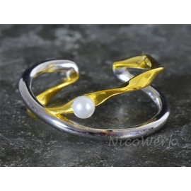 NicoWerk SRI758 Women's Silver Ring Asymmetric 925 Sterling Silver Golden Cross Double Row Pearl Two Tone Adjustable Open, Metal