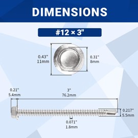#12 x 3 Hex Washer Head Self Drilling Screws (50 pcs), 410 Stainless Steel Flanged Hex Sheet Metal Screws Tek Screws, Quick Self Tapping, Fayeploo