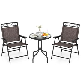 Tangkula 3 Piece Outdoor Bistro Set, Patio Round Bistro Table and Folding Chairs Set of 2 with 1.57” Umbrella Hole, Rippled Tempered Glass Tabletop, Small Patio Furniture Dining Set for Porch, Balcony