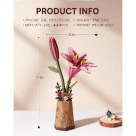 Rowood Wooden Flower Kit,DIY Artifical Flower Building Set Craft Kit for Adults,Mother's Day/Valentine's Day for Mom/Women/Grandma-Pink Lily